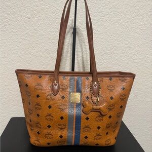 MCM Cognac Visetos Tote with Blue and Gray Center Stripe